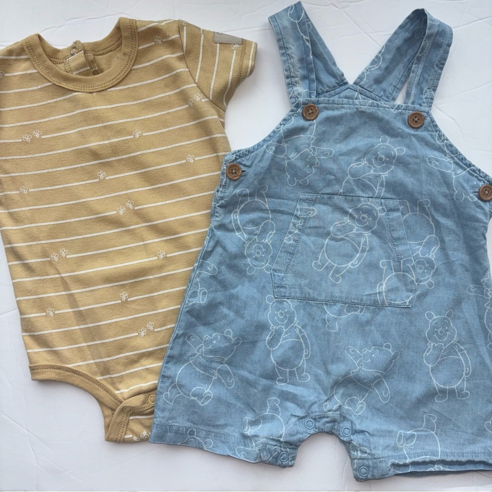 Disney Winnie the Pooh 12M Unisex Baby Overalls & Yellow Striped Bee Onesie Set